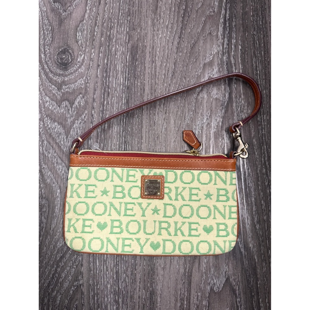 Dooney & Bourke Green Signature Logo Canvas Wristlet Bag Tan‎ Leather Trim